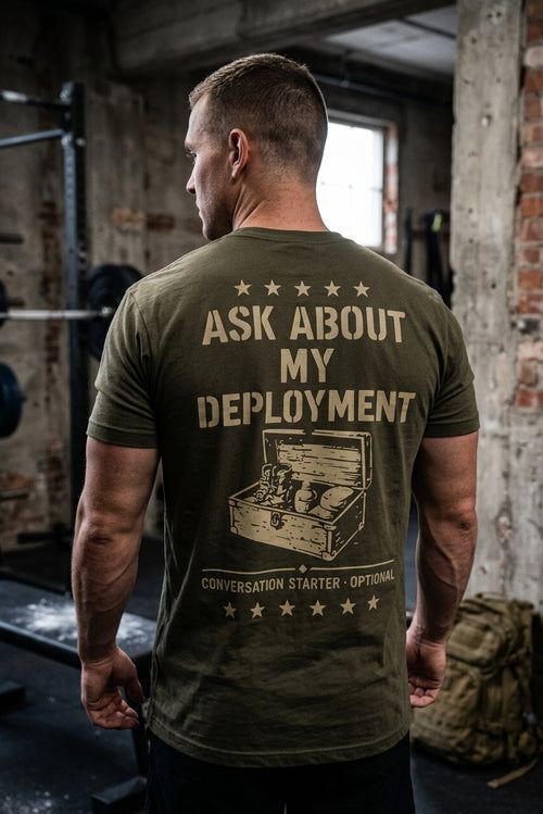 Man wearing the SkivvyFit Ask Me About My Deployment Tee