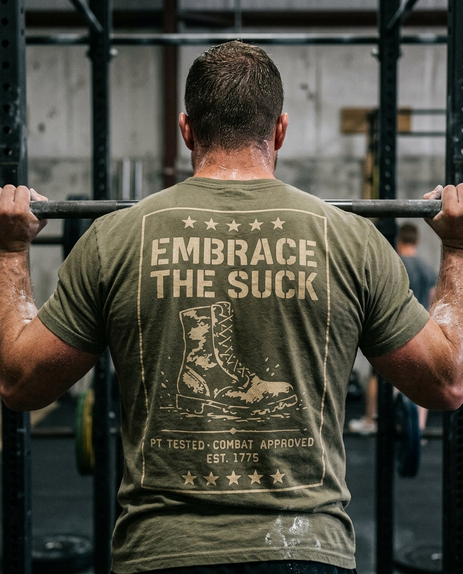 Man wearing the SkivvyFit Embrace The Suck Tee