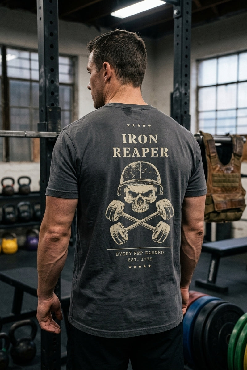 Man wearing the SkivvyFit Iron Reaper Tee