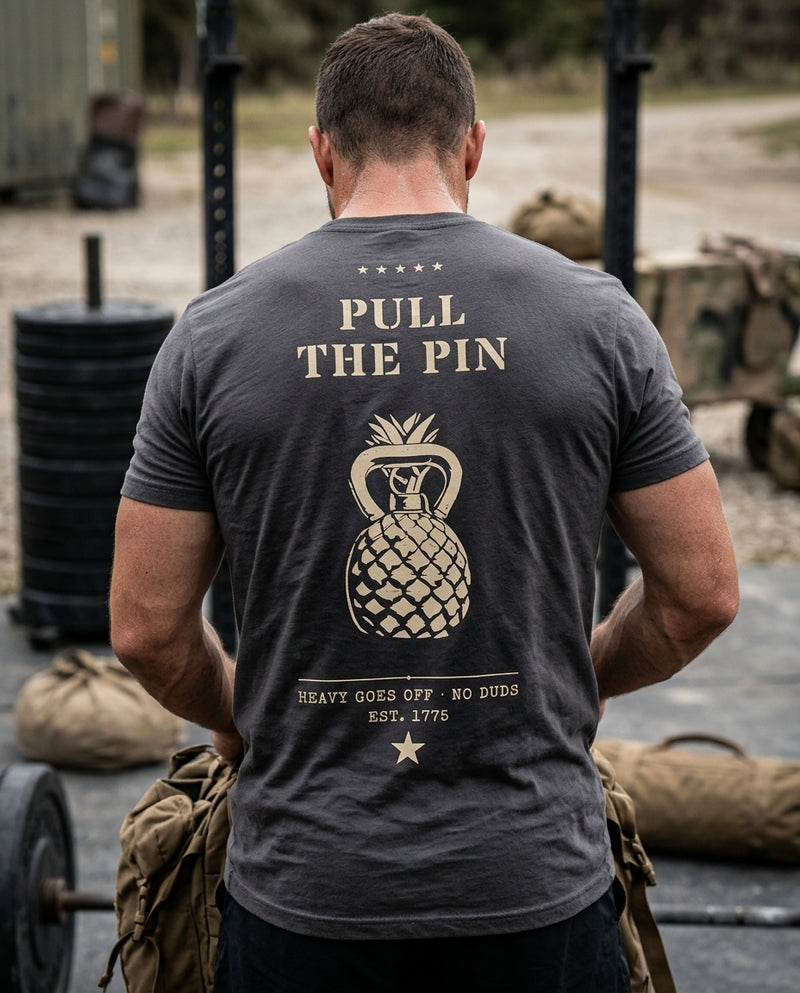 Man wearing the SkivvyFit Pull The Pin Tee