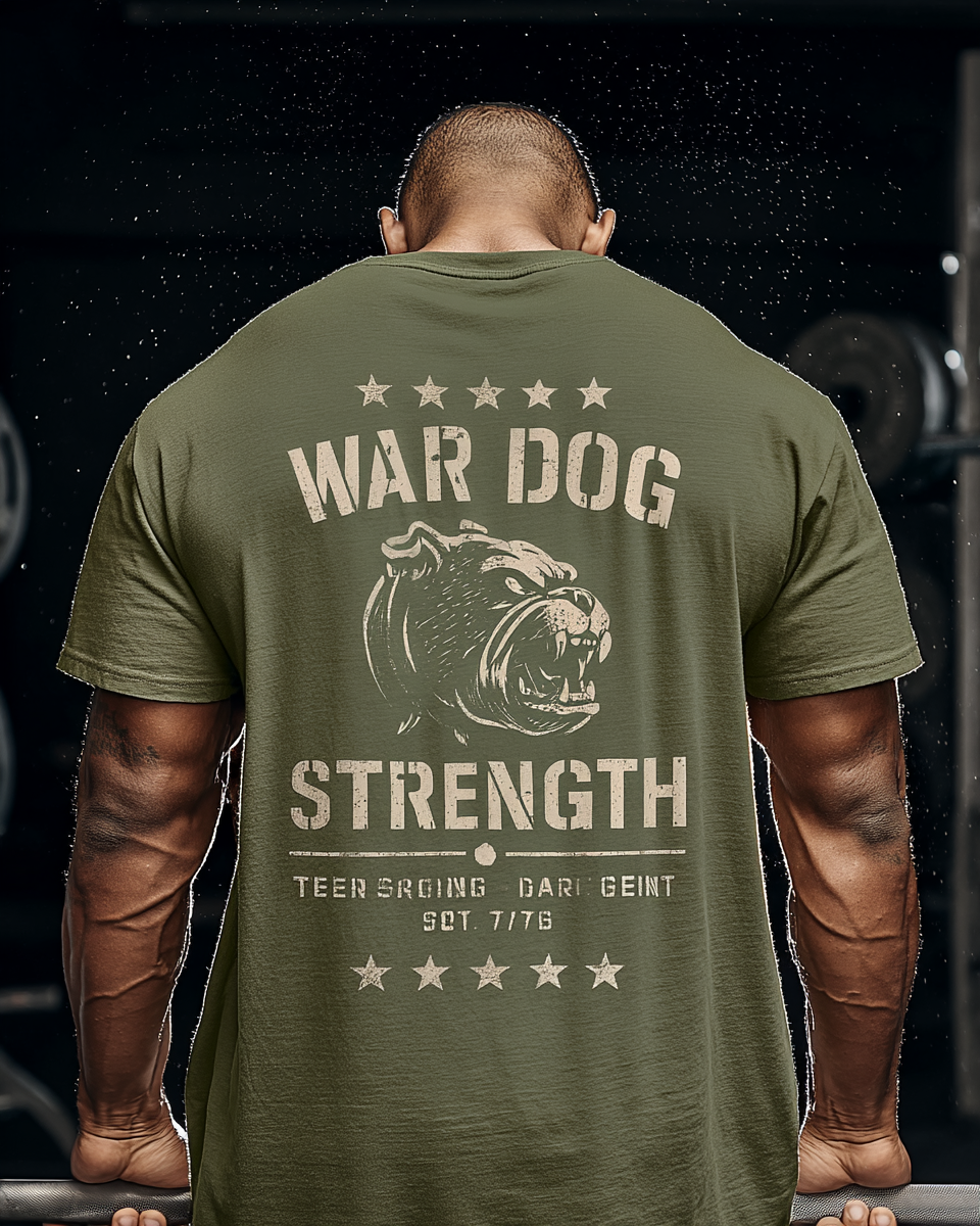SkivvyFit War Dog Strength tee worn in a garage gym